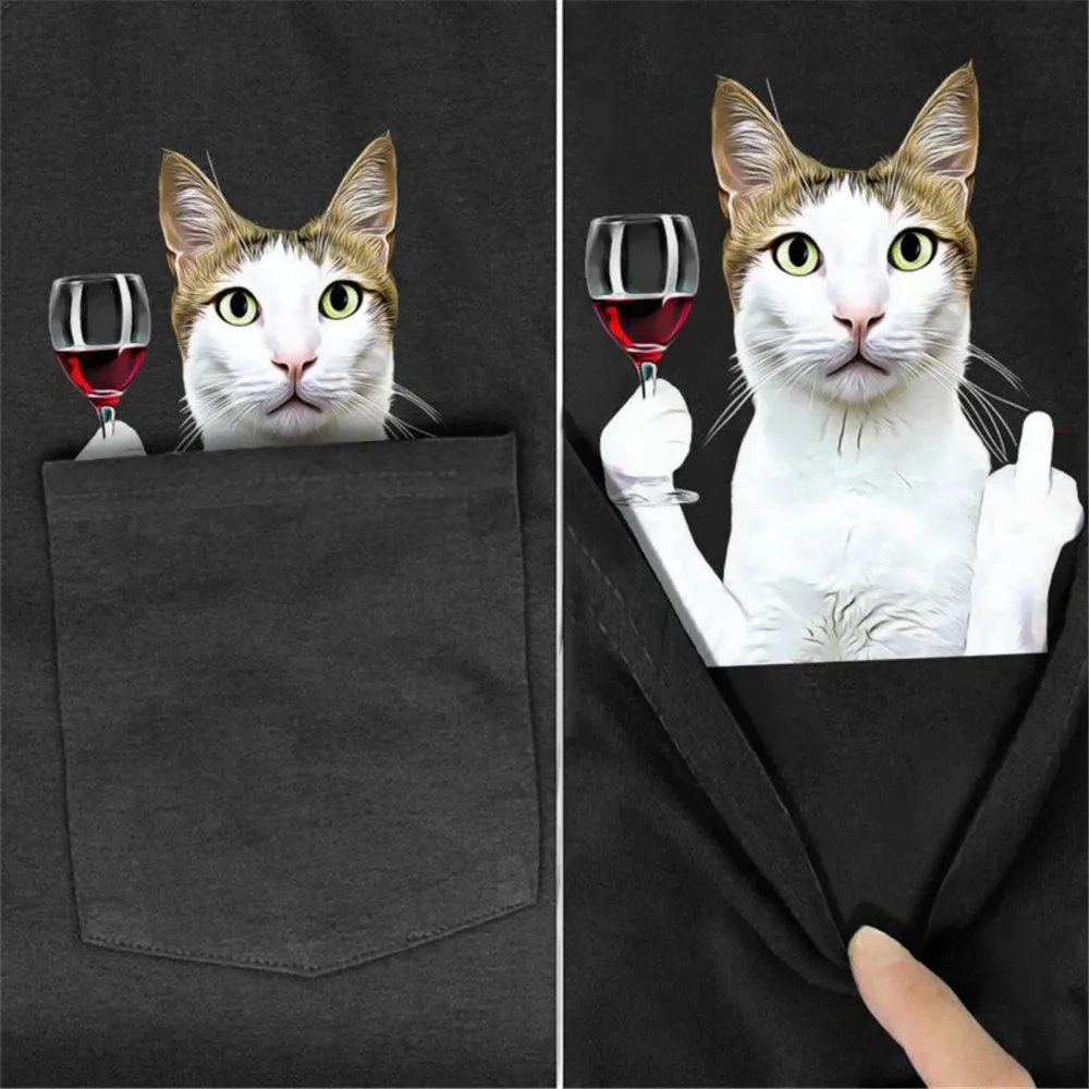 CLOOCL New Fashion T-shirts Animal Cat Middle Finger Red Wine Pocket T-shirt Summer Short Sleeve Shirts Cotton Tees Dropshipping