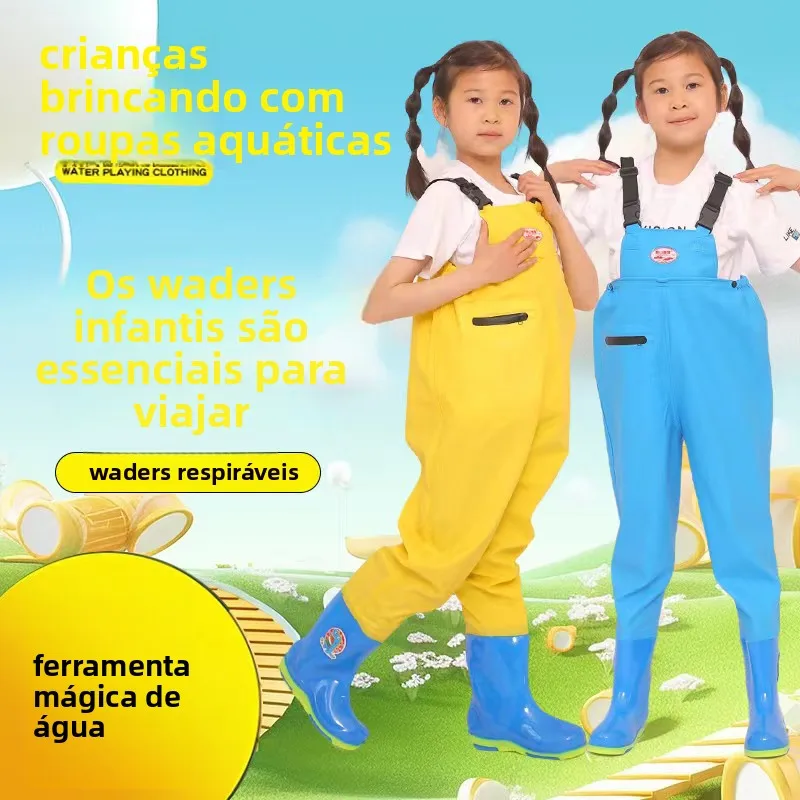 Macacão Impermeável Infantil para Pesca e Praia, Calça de Chuva para Brincar na Água, Macacão de Uma Peça, Botas de Chuva par...