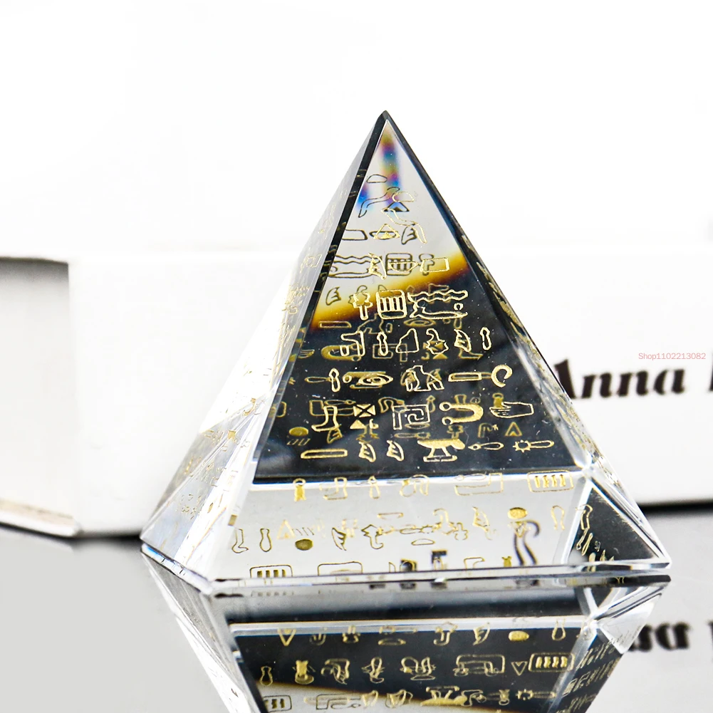 K9 Crystal Laser Carving Ancient Egypt Cuneiform Rune Spell Pyramid Prism Ornaments Crafts Paperweight EMF Meditation Home Decor