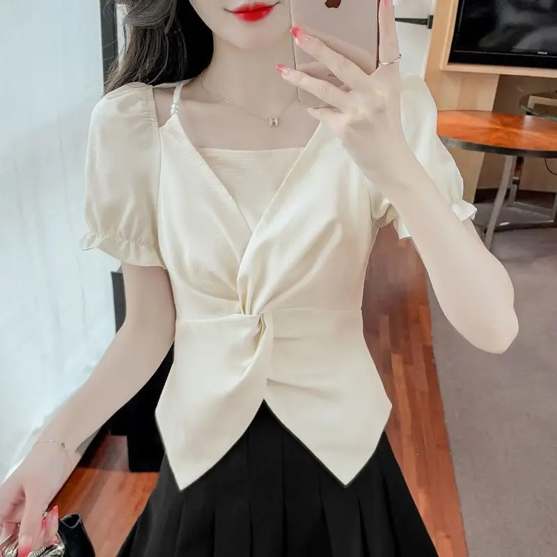 Casual Sle Chiffon irt Damen ort Sve Slim Fit V-Ne Button Detail Bubble Sve Regular Length Pure Color Top