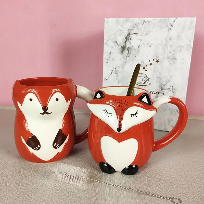 330ml Ceramic Fox Coffee with Lid Cartoon Animal Decoration Couple Drinking Cup Simple Breakfast Mug Afternoon Camellia Tea Cup