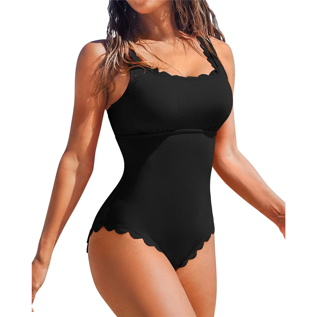 S - XXL, 11 Farben, gerippter, geraffter Damen-Badeanzug, einteiliger Badeanzug, rückenfreier, hoch geschnittener Badeanzug, Badebekleidung, Modell V7097. – Detail 2