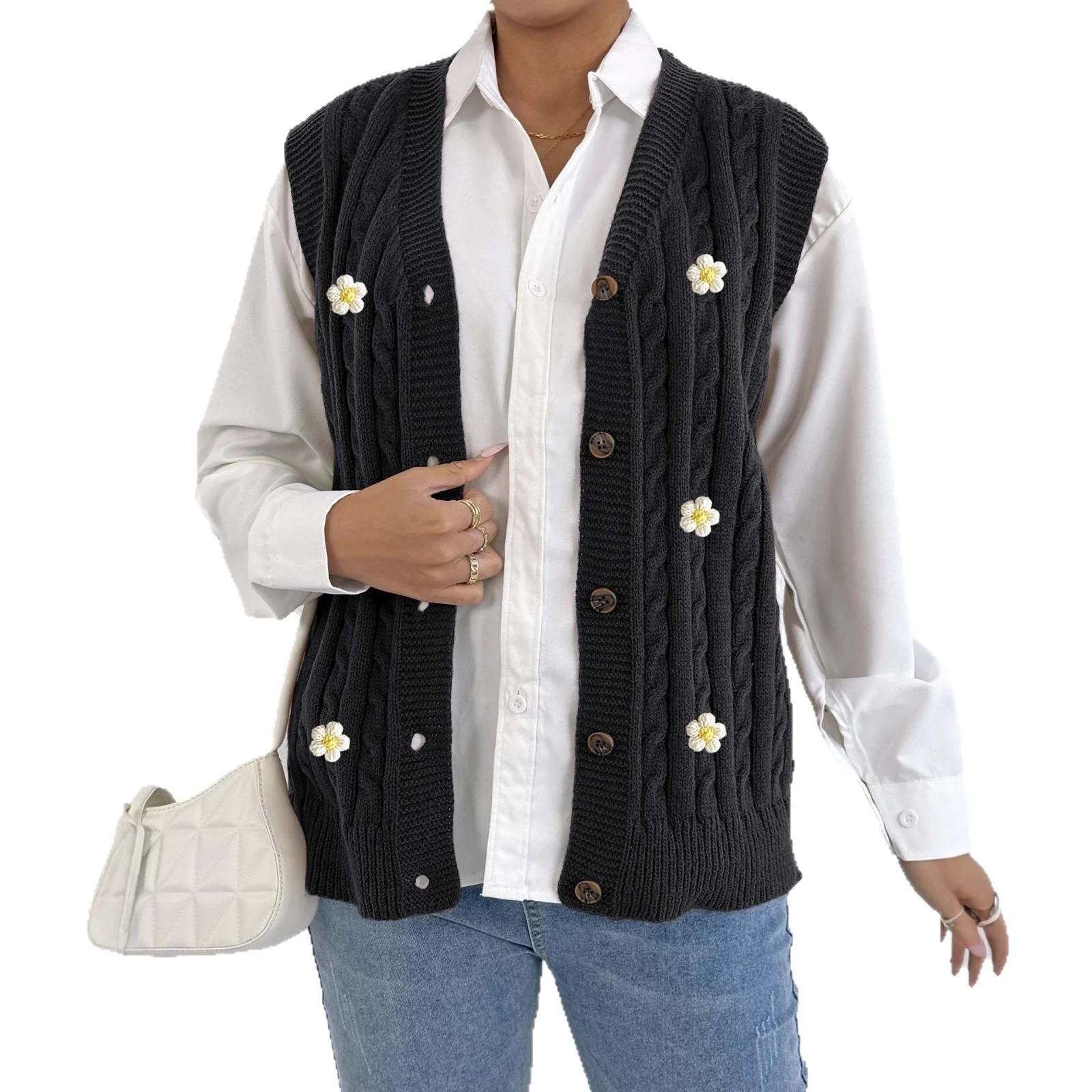 レディースニットオープンカーディガンカジュアル秋冬ファションストリートスレースレーススプライシング3Dフラワーパッチワークセーターベスト