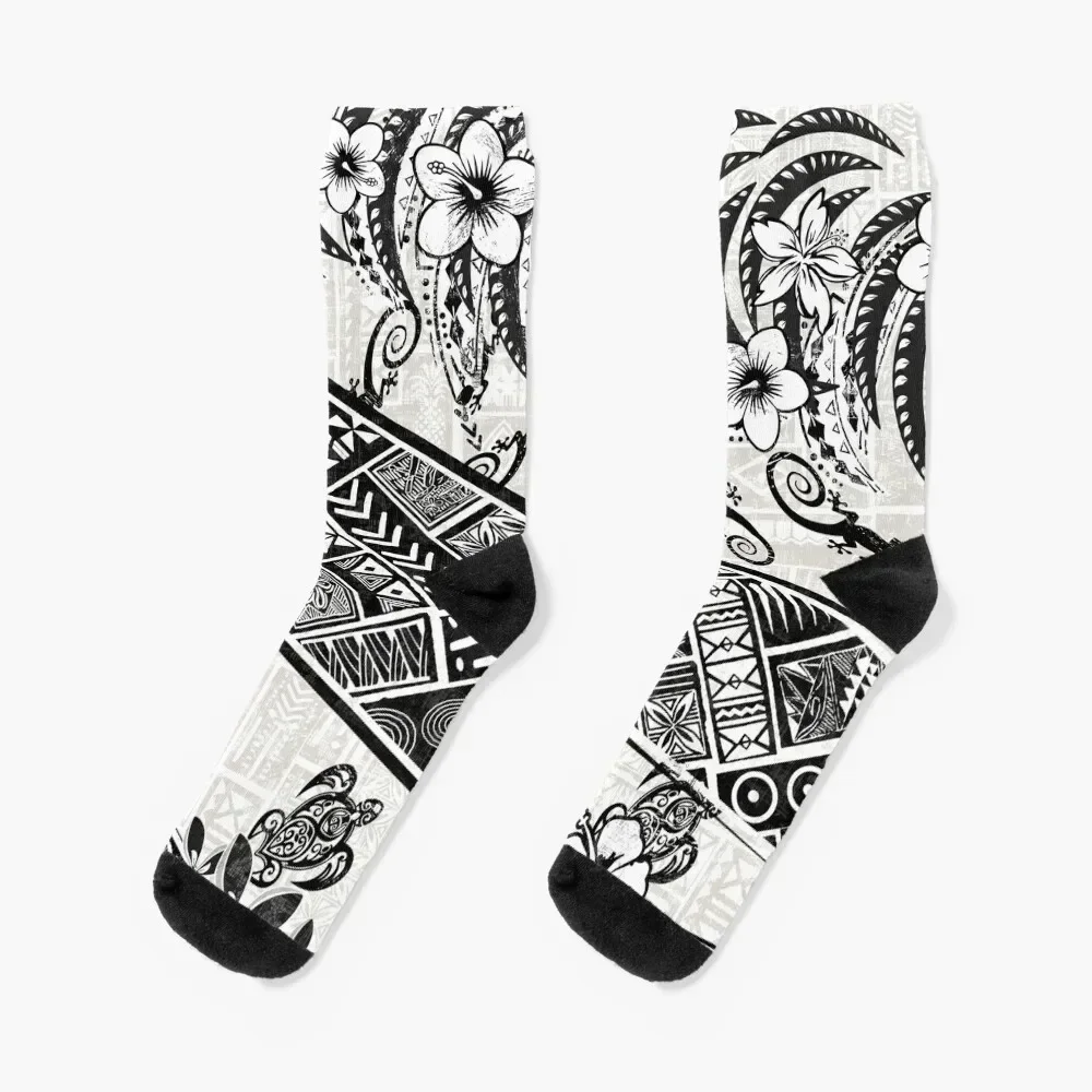 Black And White Polynesian Tribal Distressed Socks anti-slip Soccer cotton hip hop Woman Socks Men's