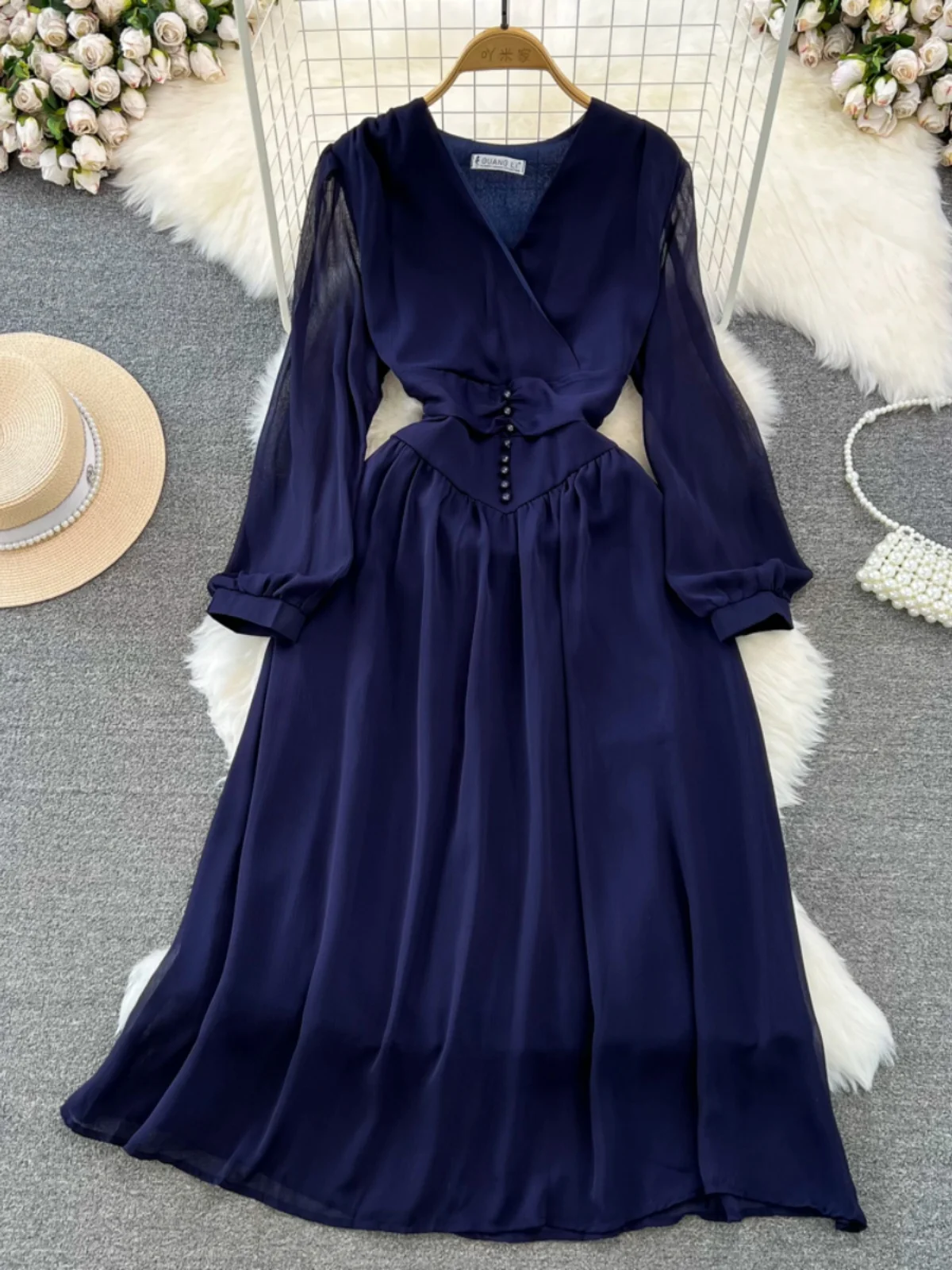 Primavera Autunno Pausa tè Gentle Wind Bubble Long Sve V Ne Vita stretta Slim a Line Chiffon Dr Pendolarismo Colore puro Midi...