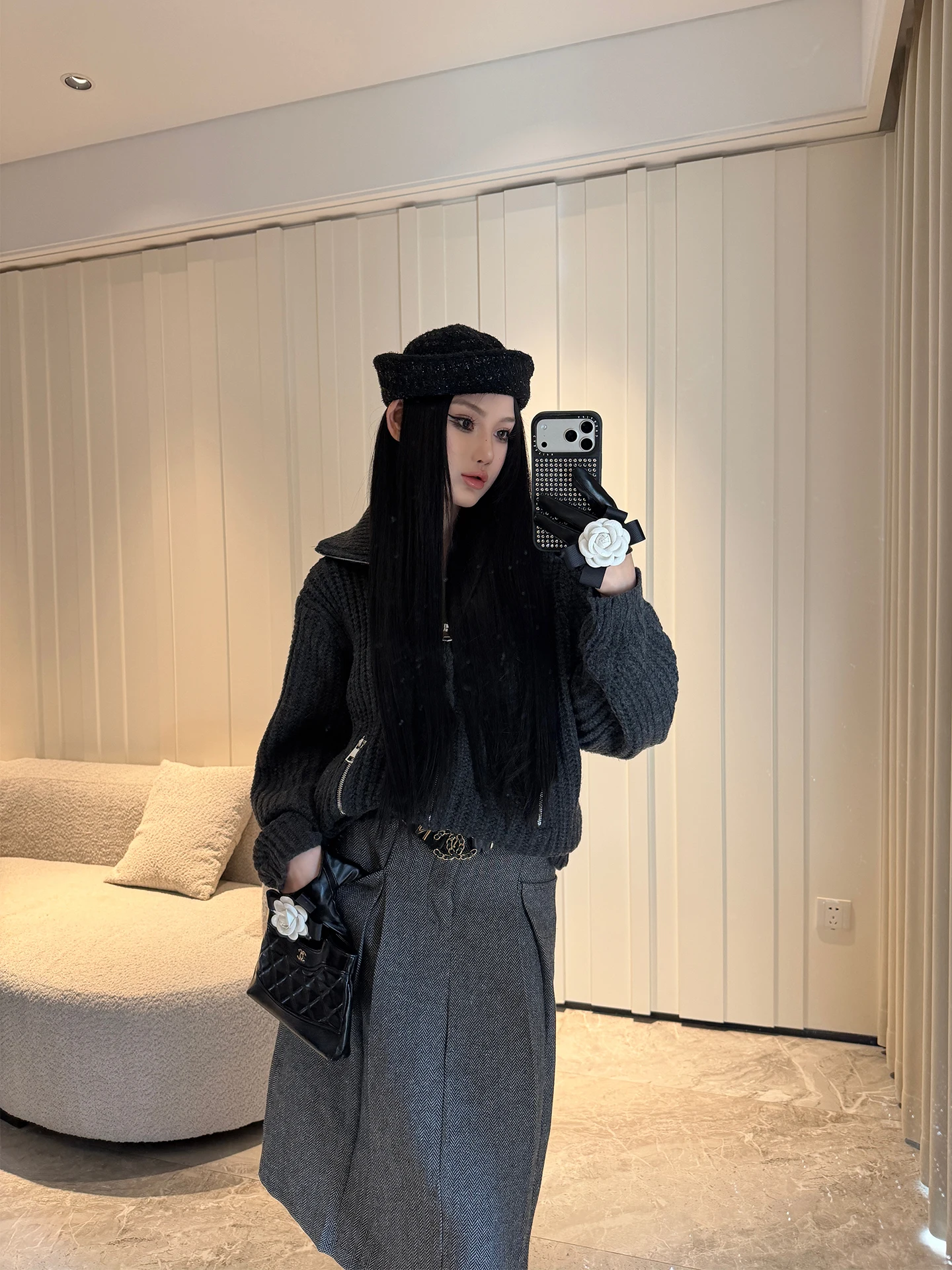 

ChiclyNana Early Spring Deep ey Thi Needle Collar Sweater Cardigan Woolen Suit f Skirt Faion Set Women's Long Sve...