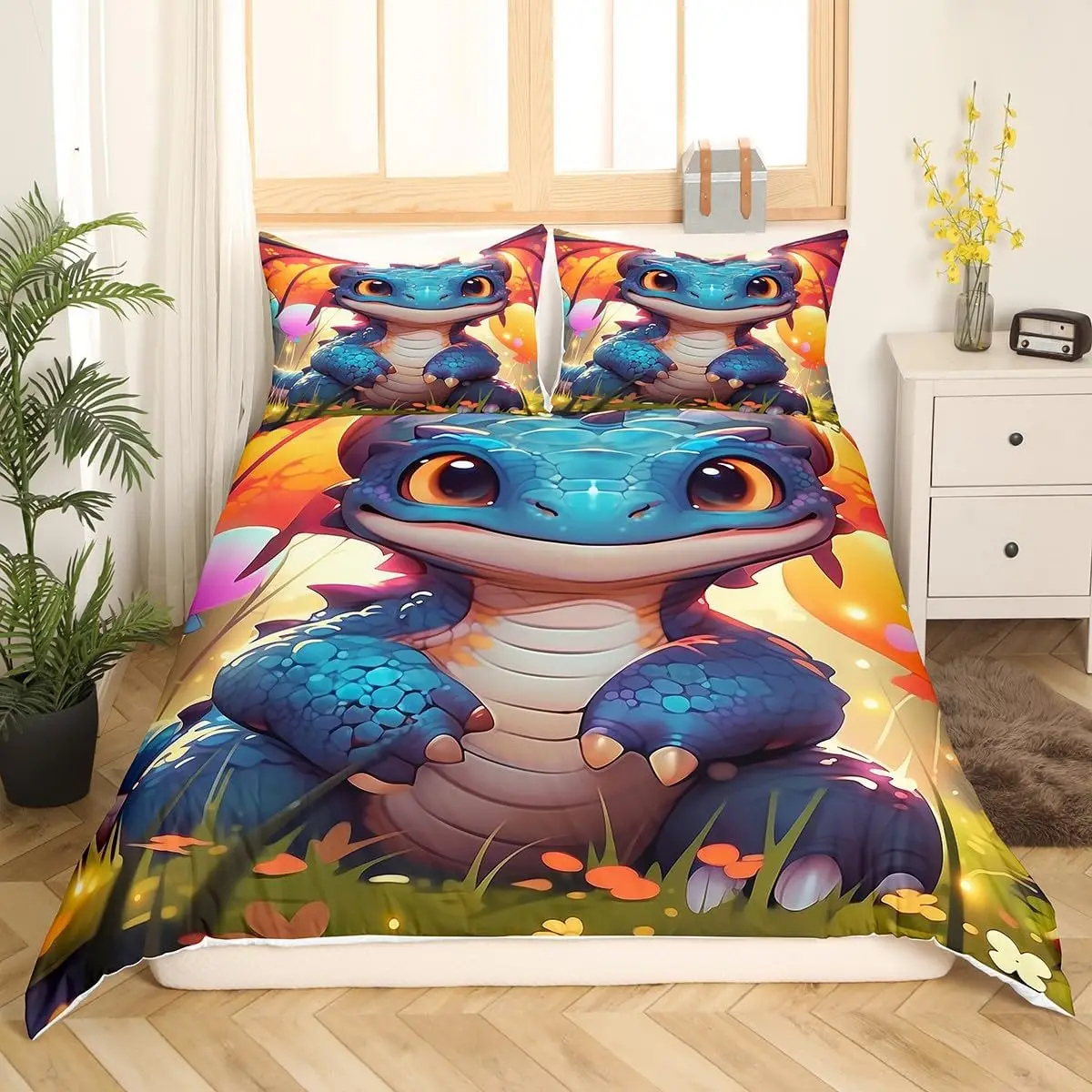 Cute Dragon Comforter Cover Single Size Kawaii Animal Bed Set With 1 Pillowcase Anime Colorful Balloon Toddler