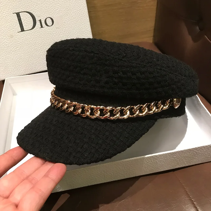 Autumn And Winter Women\'s Fashionable And Versatile Vintage Chain Duck Hat Casual Flat Hat Painter Warm Octagonal Beret Hat C41