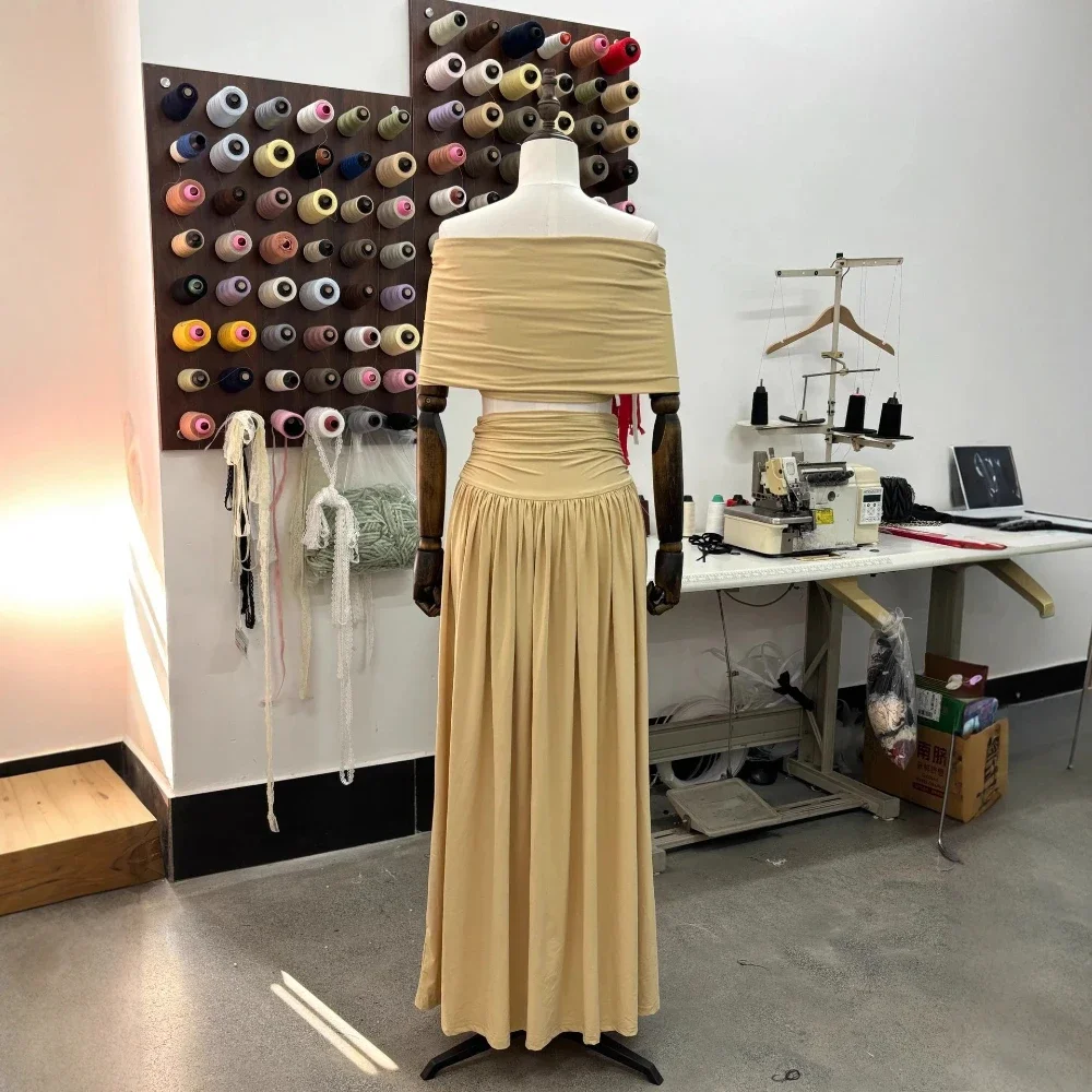 

Elegant Beige Off Shoulder 2 Piece Gown and Skirt Set Fashion Ruched Crop Top Bodycon Long Dress for Prom Wedding Guest Party