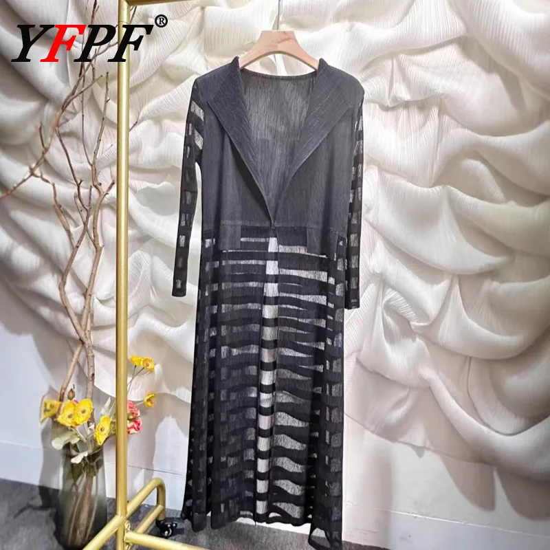 

YFPF модный плиссированный длинный плащ Miyake женский сетчатый ажурный дизайн с длинным рукавом черная верхняя одежда куртка новая одежда