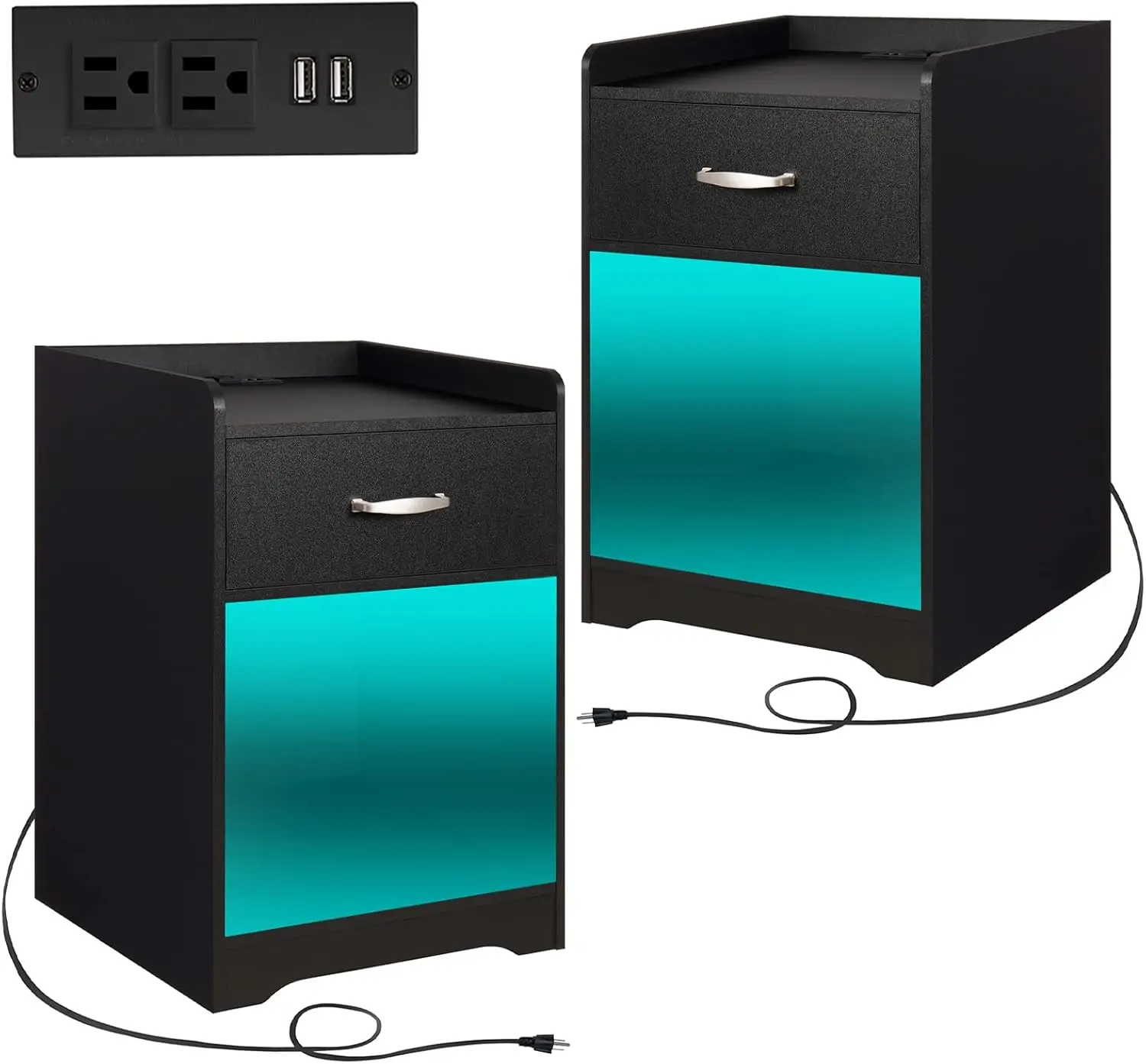 

Night Stand Set 2 with Charging Station and LED Lights,Nightstands with USB Ports & Outlets,Small Night Stands for Bedroom,Black