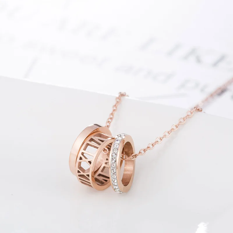 Luxury Elegant Crystal Hollow Circle Choker  Roman Digital Stainless Steel Gold Silver Color Pendant Necklaces for Women Jewelry