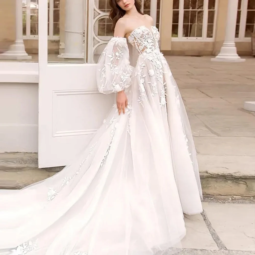 Strapless Wedding Dresses with Lace Beach A Line Full Sleeve Bridal Gowns 2024 Summer New Zipper Back Vestido De Novia