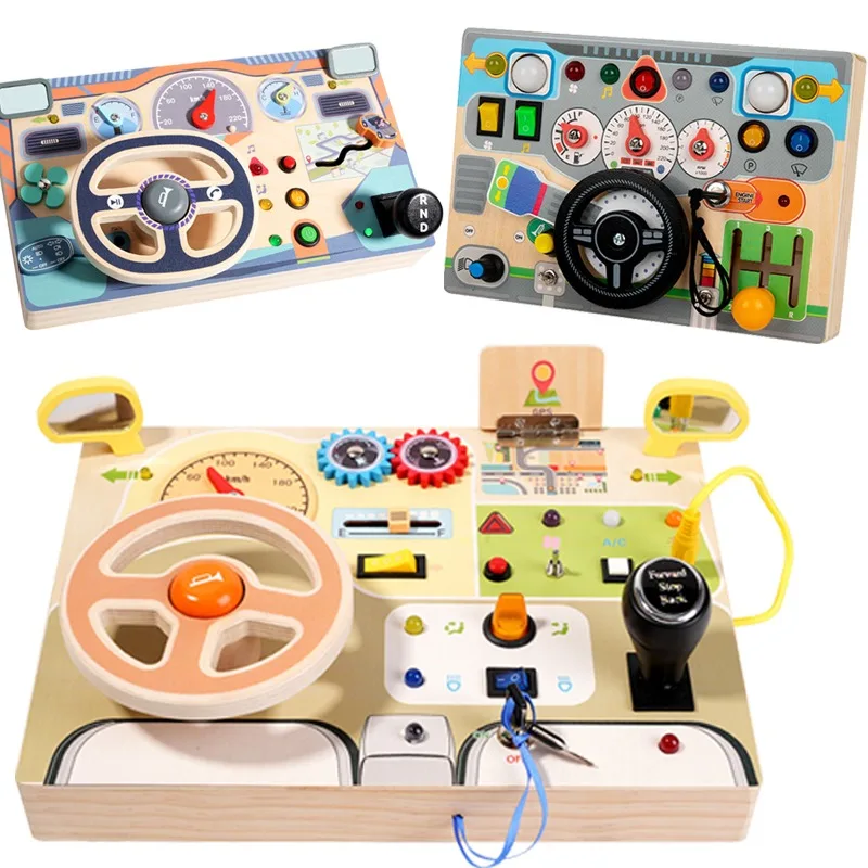 

Montessori Busy Board Steering Wheel LED Light Switch Socket 1-6 Year Old Baby Hand Eye Coordination Exploration Gift Wooden Toy