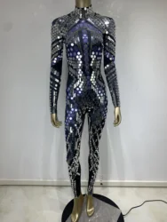 Women Black Geometric Sequins Long Sleeved Stretch Tight Jumpsuit Y2K Bar Nightclub DJ Female Singer Stage Performance Clothing