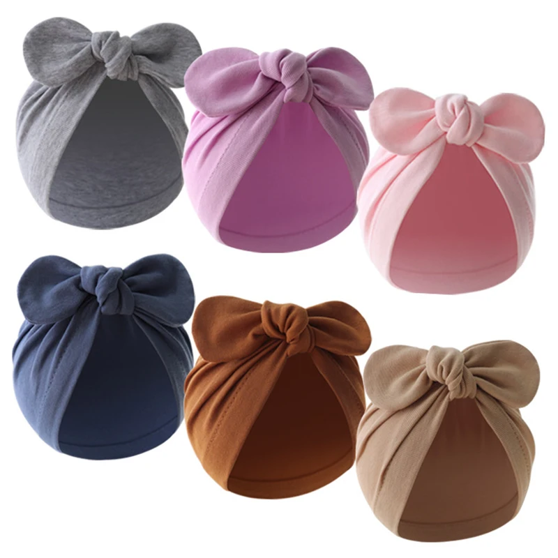 Bunny Ears Turban Hat for Baby Girls Boys 6-24M Cotton Newborn Beanie Caps Solid Bow Tie Hat Kids Infant Hair Accessories