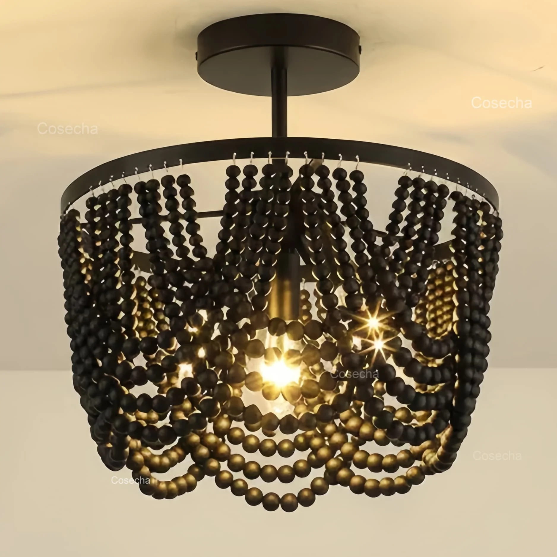 

Черная деревянная люстра с бусинами, маленькая, на 3 лампы, в стиле бохо, полувстраиваемая, для столовой, спальни, прихожей