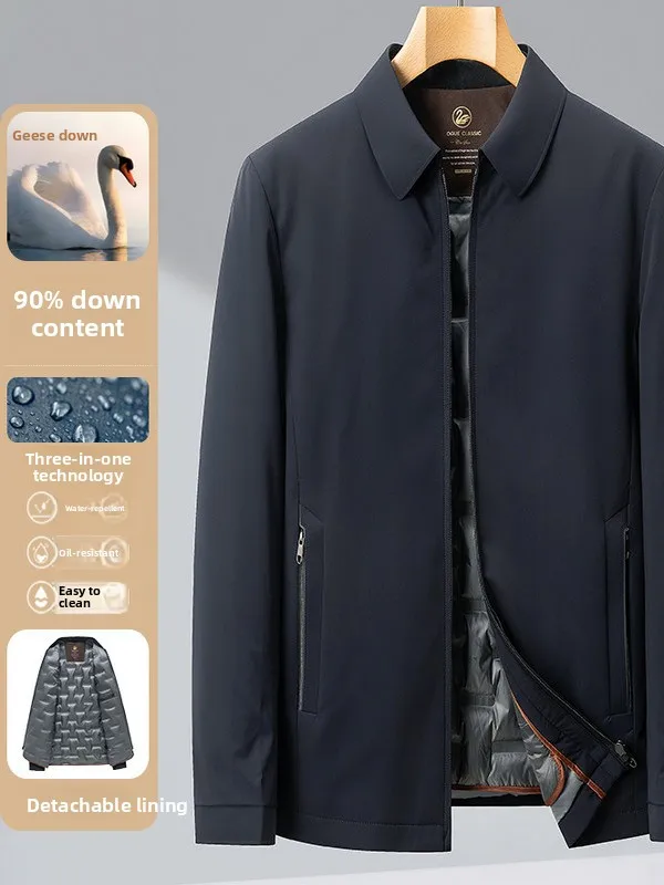 

Мужская куртка-пуховик из гусиного пуха, повседневная, со съемным внутренним воротником, для мужчин среднего возраста, из нейлоновой ткани