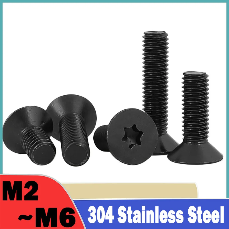 10~100Pcs M2 M2.5 M3 M4 M5 M6 304 Stainless Steel Black Six Lobe Torx Flat Head Screw Countersunk Head Bolt Machine Bolts