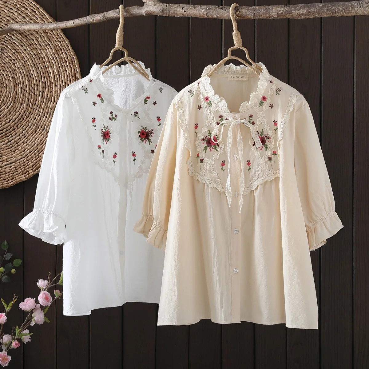 

Boho Floral Embroidery Blouse Shirt Women Autumn Mexican Style White Beige Ethnic Cotton Shirt Women Lace Solid Tops