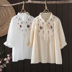 Boho Lace Floral Embroidery Blouse Shirt Women Autumn Mexican Style White Beige Ethnic Cotton Shirt WomenBohemian Tops