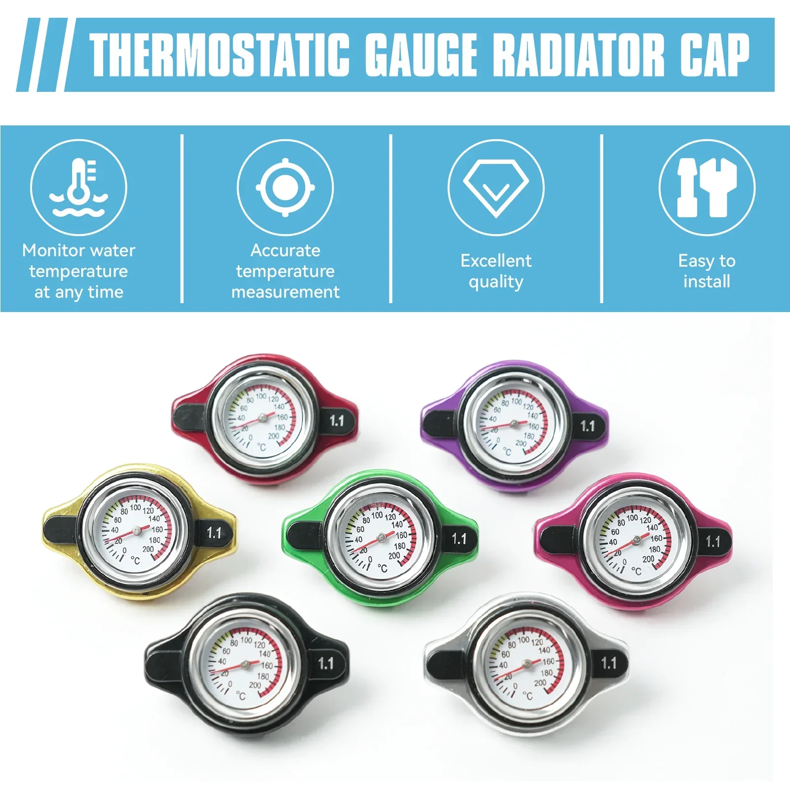 

Car Motorcycle Styling Thermo Radiator Cap Tank Cover Water Temperature Gauge with Utility Safe 0.9 Bar/ 1.1 Bar/1.3 Bar