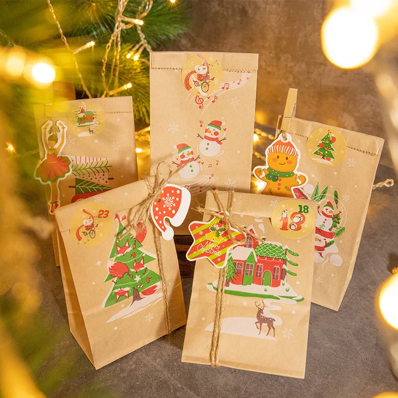 24 Sets Vintage Weihnachtsgeschenktüten Weihnachtsmann Schneemann Kraftpapiertüte mit Aufklebern Urlaub Weihnachten Partybevorzugung Verpackungszubehör – Detail 7