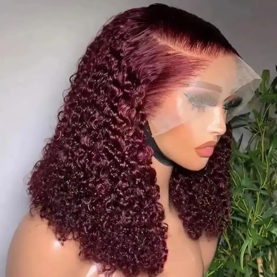 99J Burgundy Short Bob Deep Wave Wig Hair Wig Human Hair 13x4 Lace Front Transparent Frontal Wig Red Colored Remy Curly Wigs