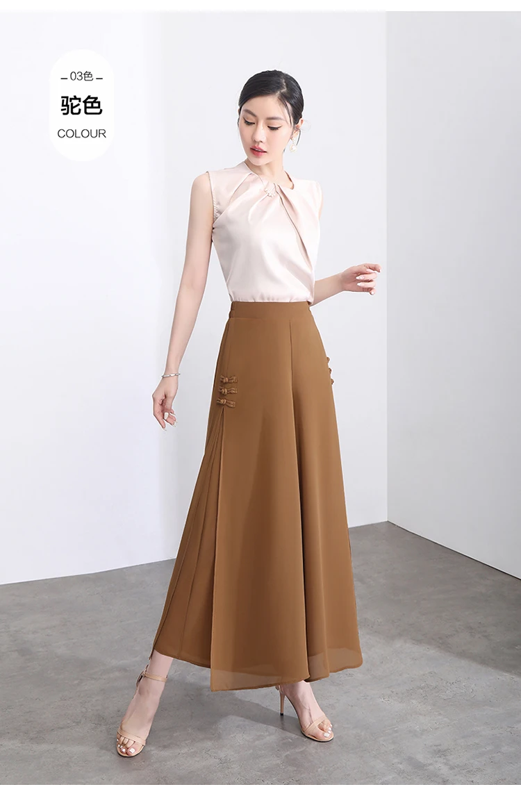 Women Side Slit Chiffon Pants Summer Thin Elastic Waist Wide Leg Pants Chic Droop Trousers Chinese Style Nine Point Pants