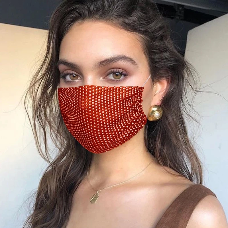 1 pc Rhinestone Decor Face Mask Breathable Windproof Face Covering Reusable Decorative Mask For Women Female Party Mask