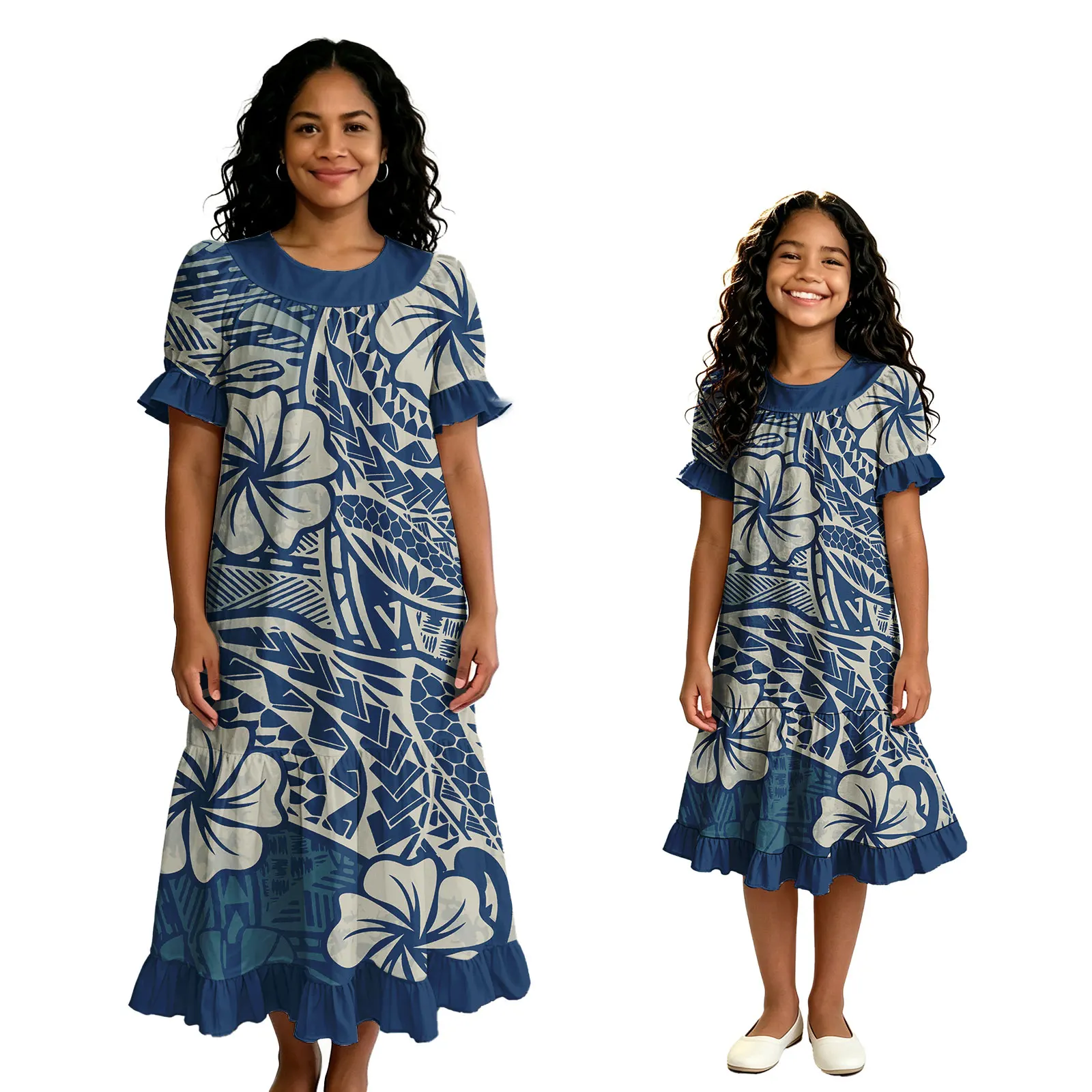 New Arrivals Mother Kids Clothes Tribal Design Custom Women Samoan Dress Girls Hawaiian Dress Ruffles Sleeve Parent-Child Outfit