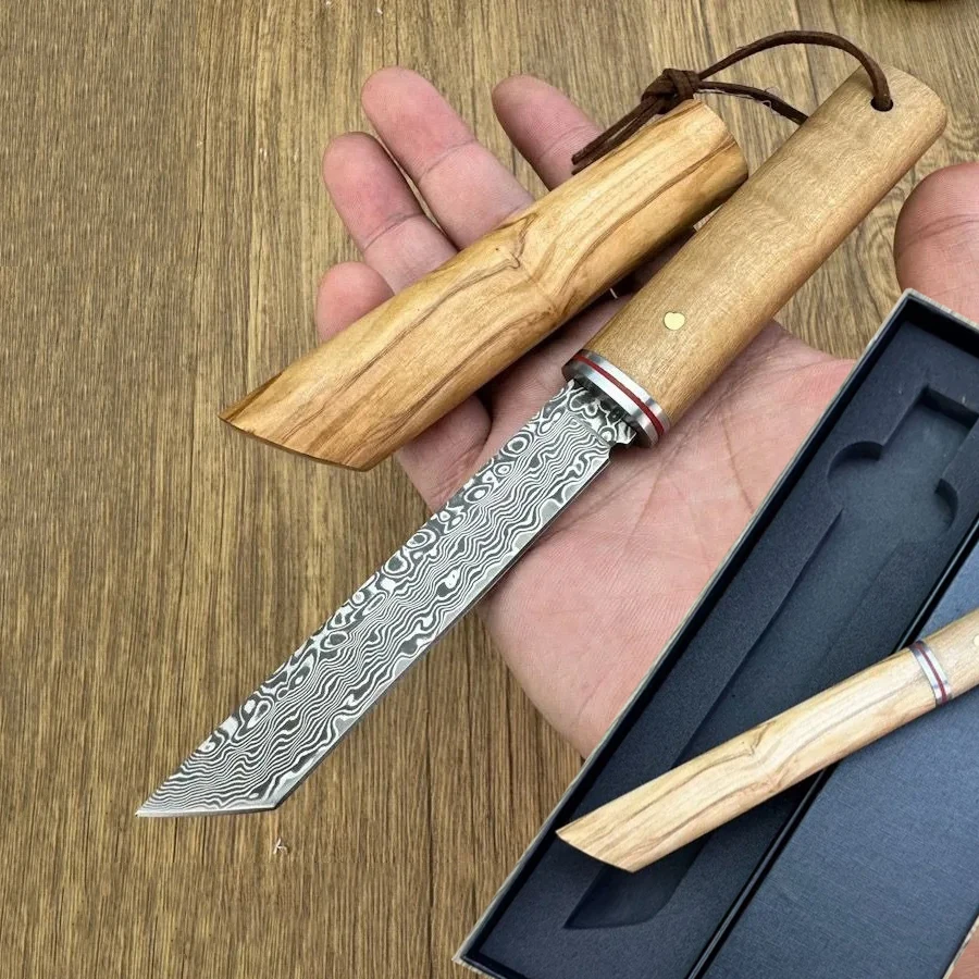 New VG10 Damascus Tanto Blade Olive Wood Handle Japaness Style Pocket Knife Camping Edc Tool Tactical Knives with Gift Box