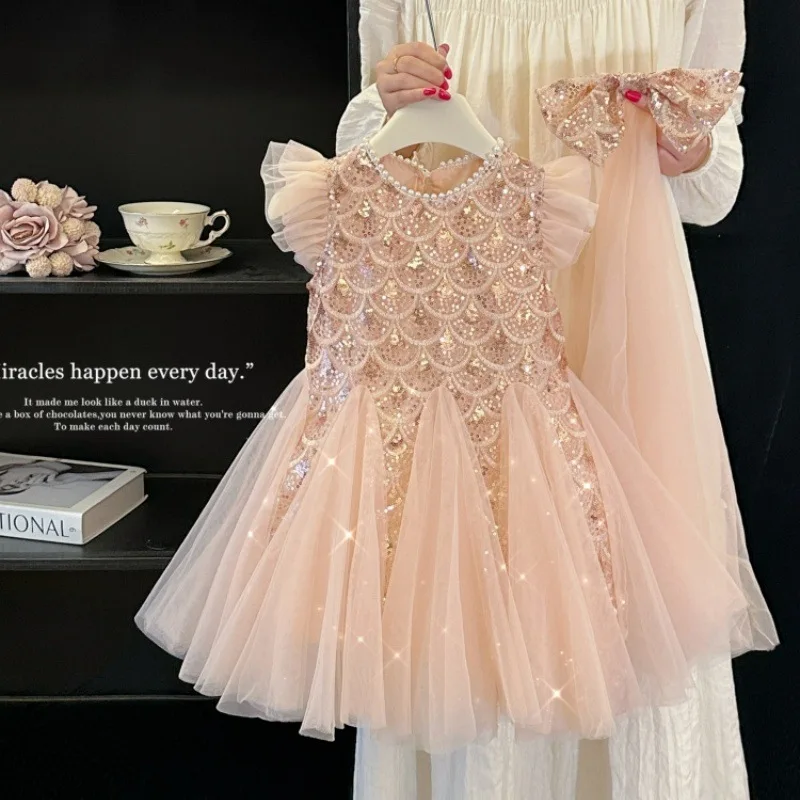 Mädchen Geburtstagsparty Prinzessinnenkleid O-Ausschnitt Trompetenärmel Paillettenbesetztes Mesh-Kleid für Bühnenauftritte Hochzeit S3069-2 – Detail 12