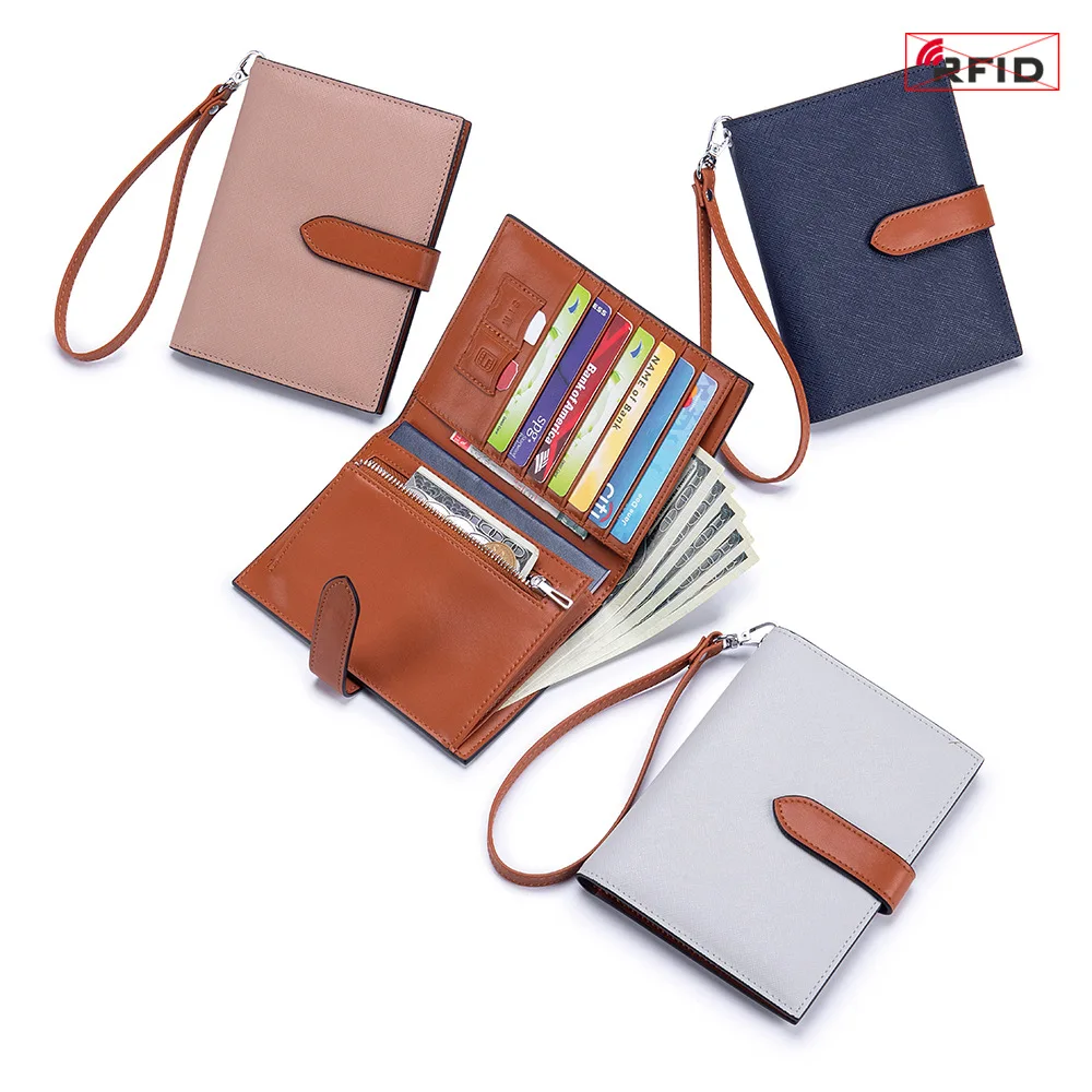 RFD Blocking Split Leather Premium Solid Color Unisex Passport Bag Large Capacity Detachable Wrist Strap Wallet
