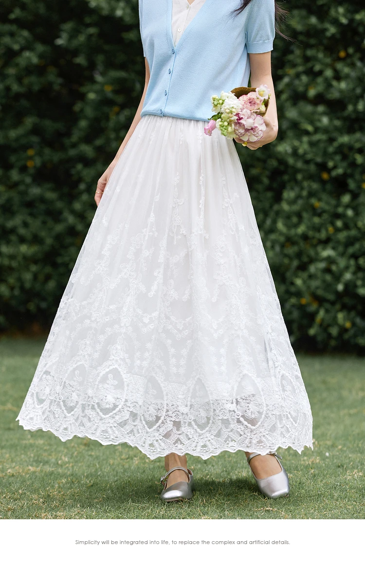 VIMLY Korean Fashion White Lace Skirt Women 2025 Summer Hollowed-out Lace 2025 Elegant Lady High Waist Swing Long Skirt A1392