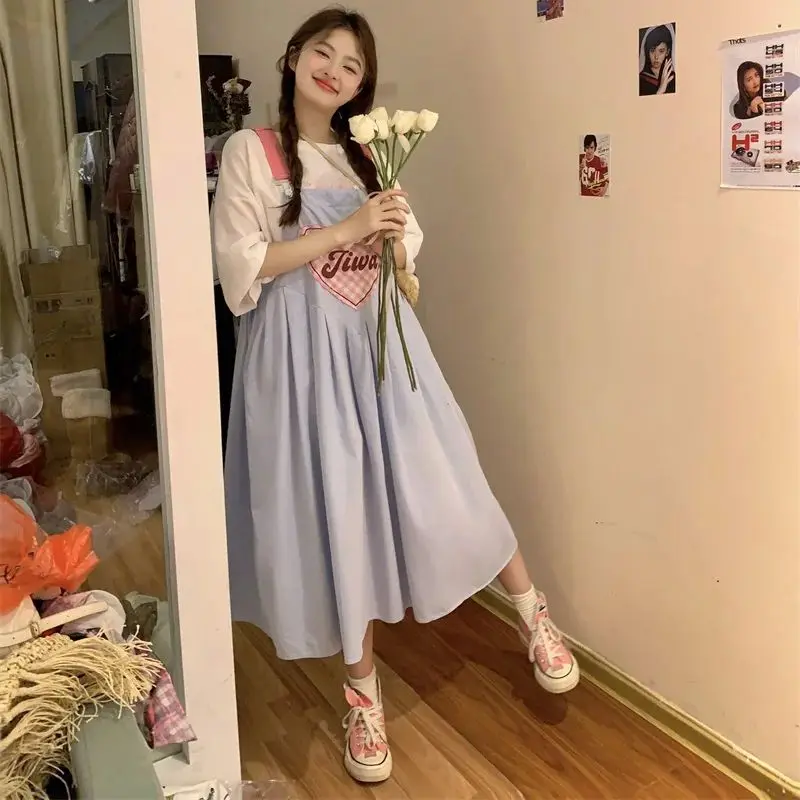 New Korean Sweet Girl Loose Strap Dress with Pocket Fashion Summer Maternity Overalls High Waist Sleeveless Pregnant Woman Dress