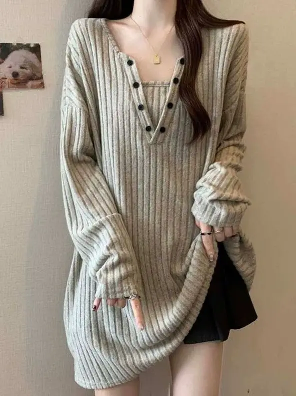 plus Size Lazy Casual Knitted Long Sve Women's Sweater Mid-Length V-Ne Pure Color Autumn Winter Faion Korean Sle