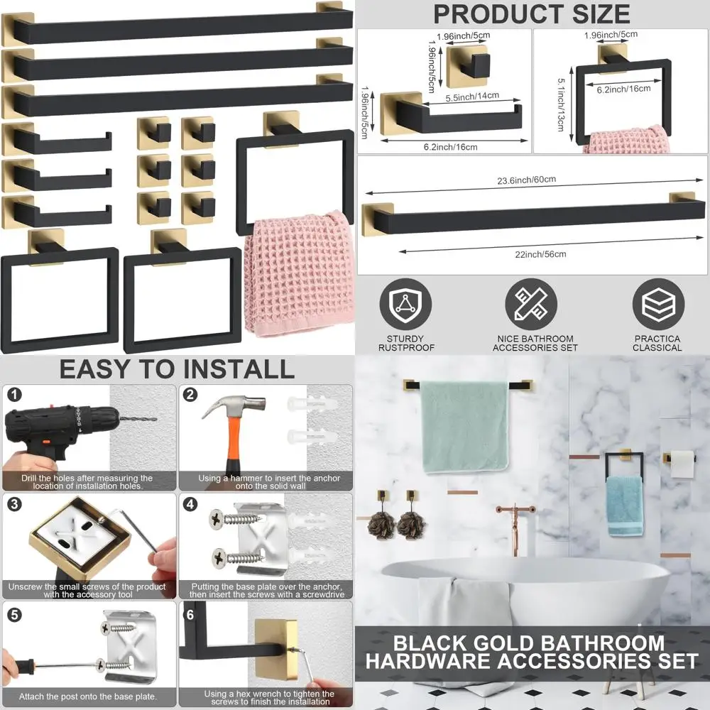 

Stainless Steel Bathroom Hardware Set, 15-Piece Towel Bar Kit with 23.6 Inch Towel Racks for Modern Bath Accessories