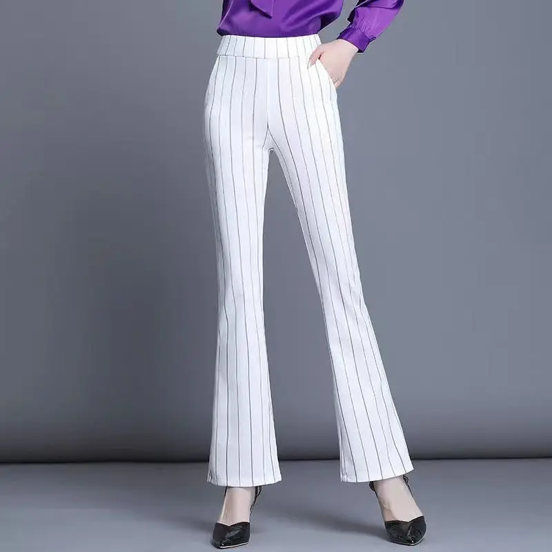 2023 Autumn and Winter Women's High Waist Patchwork Striped Pockets Slim Elastic Fashion Casual Elegant Commuter Speaker Pants