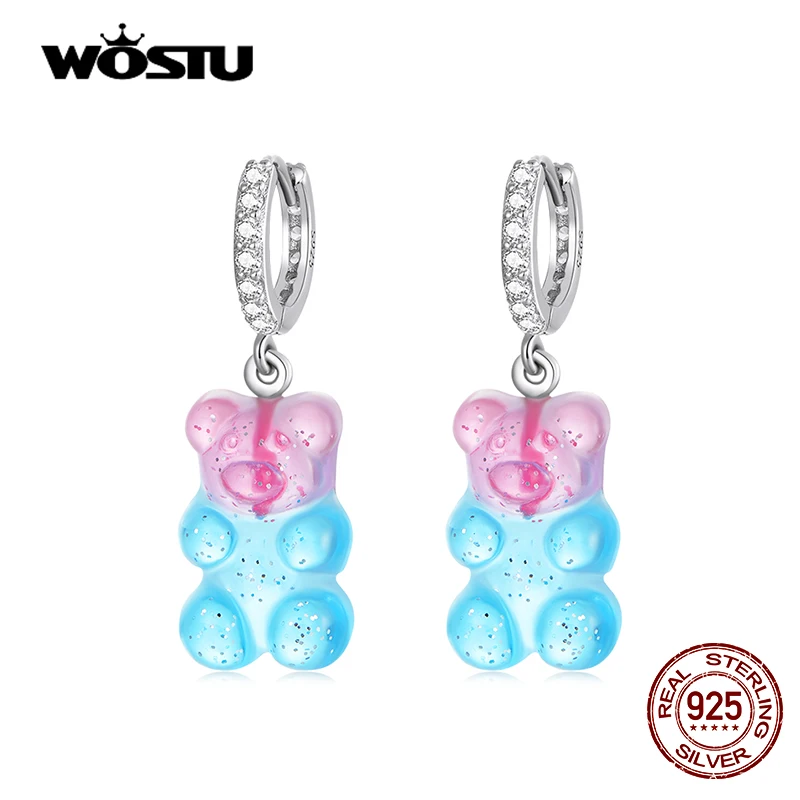 WOSTU 925 Sterling Silver Pink Blue Cute Candy Bear Stud Earrings For Women Fashion Party Jewelry Gift CQE1388