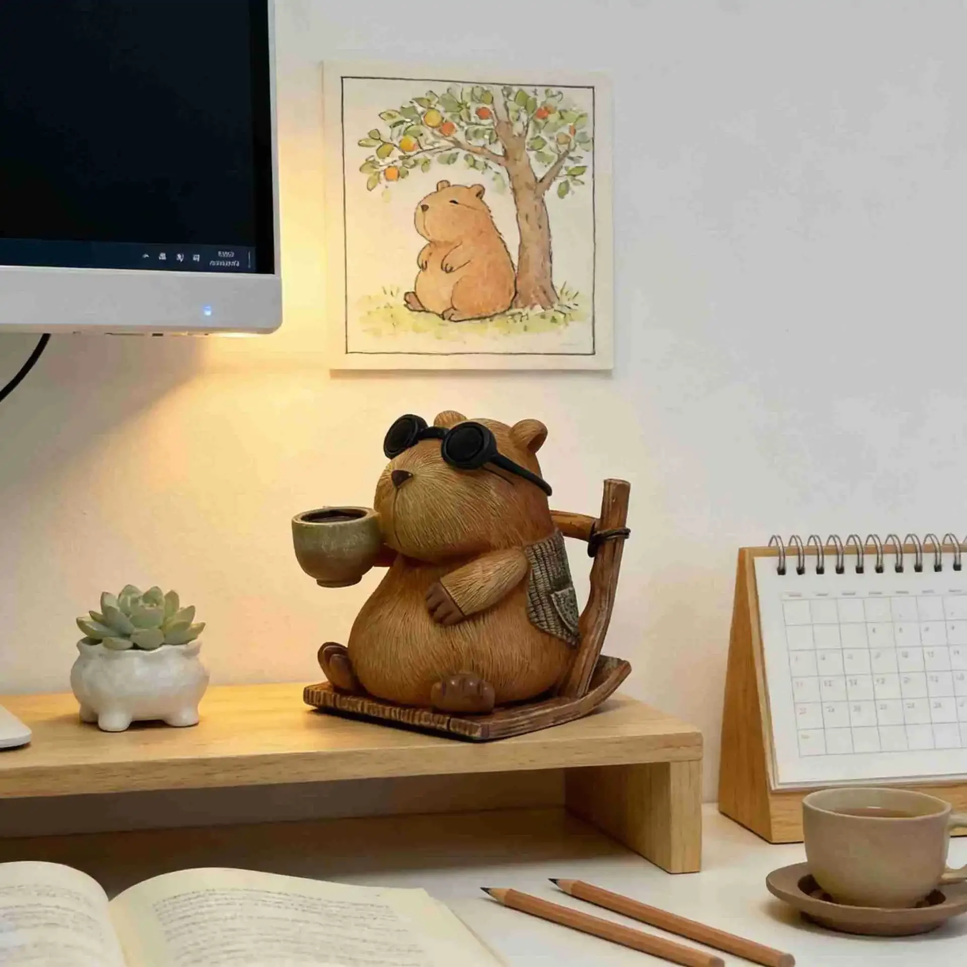 Capybara Cute Animal Hand-Painted Resin Desk Ornament, Office Decor & Gift