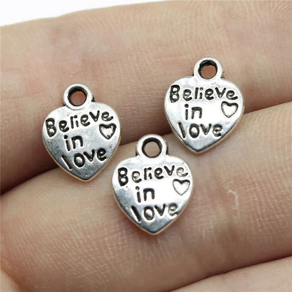 40pcs/lot 12x9mm Believe In Love Heart Charms For Jewelry Making Antique Silver Color 0.47x0.35inch