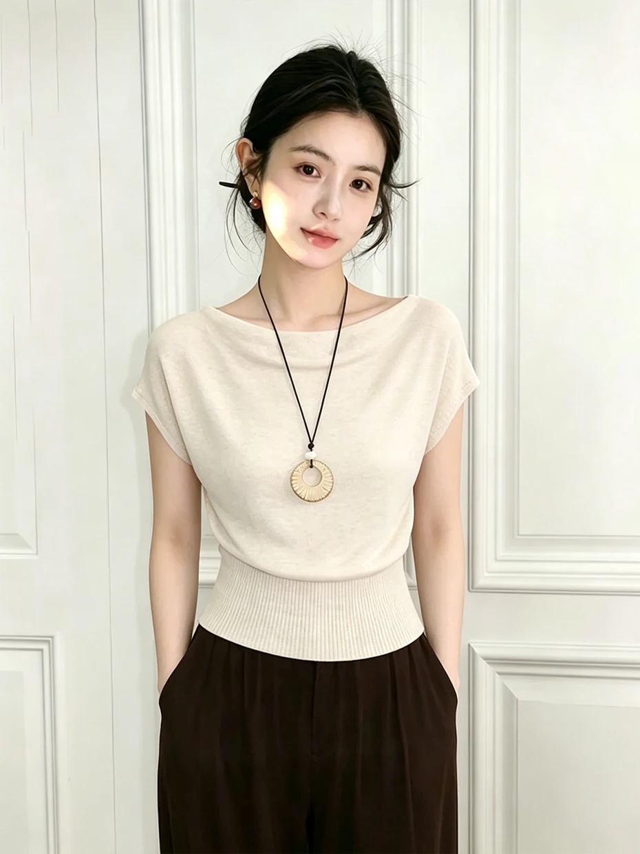 French Style Knitted Top Women's Summer Slim Fit Short Sleeve Batwing Sleeve Unique Beautiful Waist Cinched T-Shirt