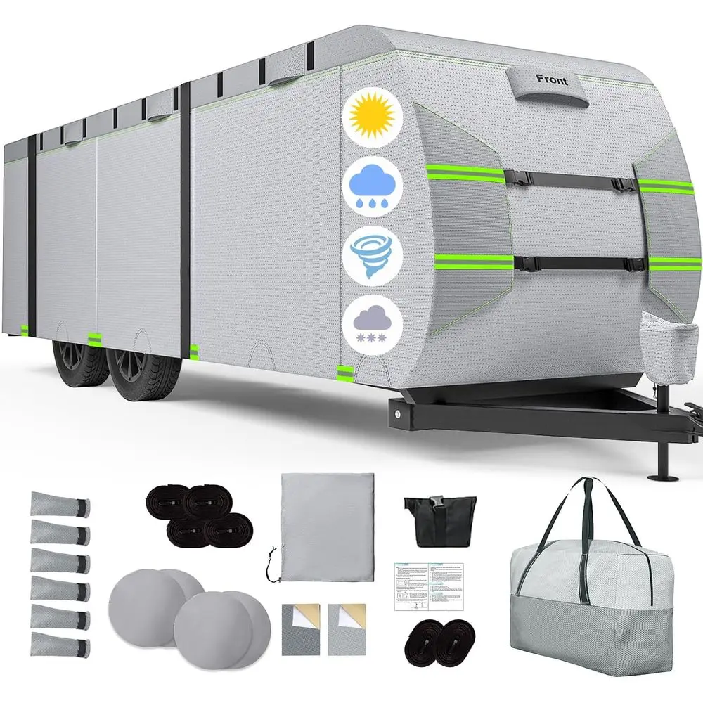 Travel Trailer Cover fits for 24' - 27' RV, with Upgrade Waterproof Zipper Flap & Zipper Storage Bag, Superior Windproof & Sun-P