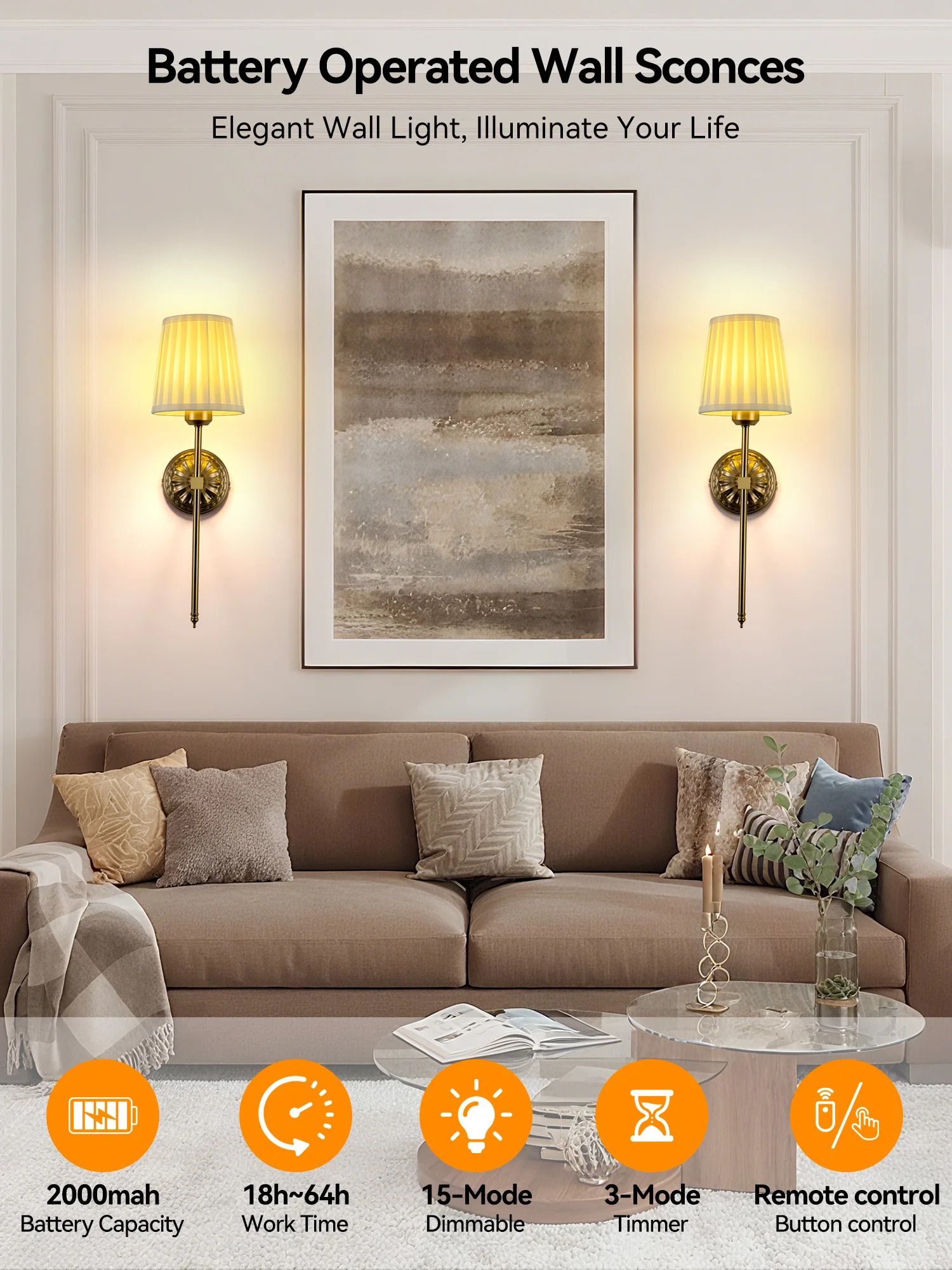 Applique à piles : applique murale rechargeable avec télécommande et ampoule à intensité variable, applique murale sans fil, 15 couleurs, adaptée à la décoration du couloir du salon de la chambre à coucher