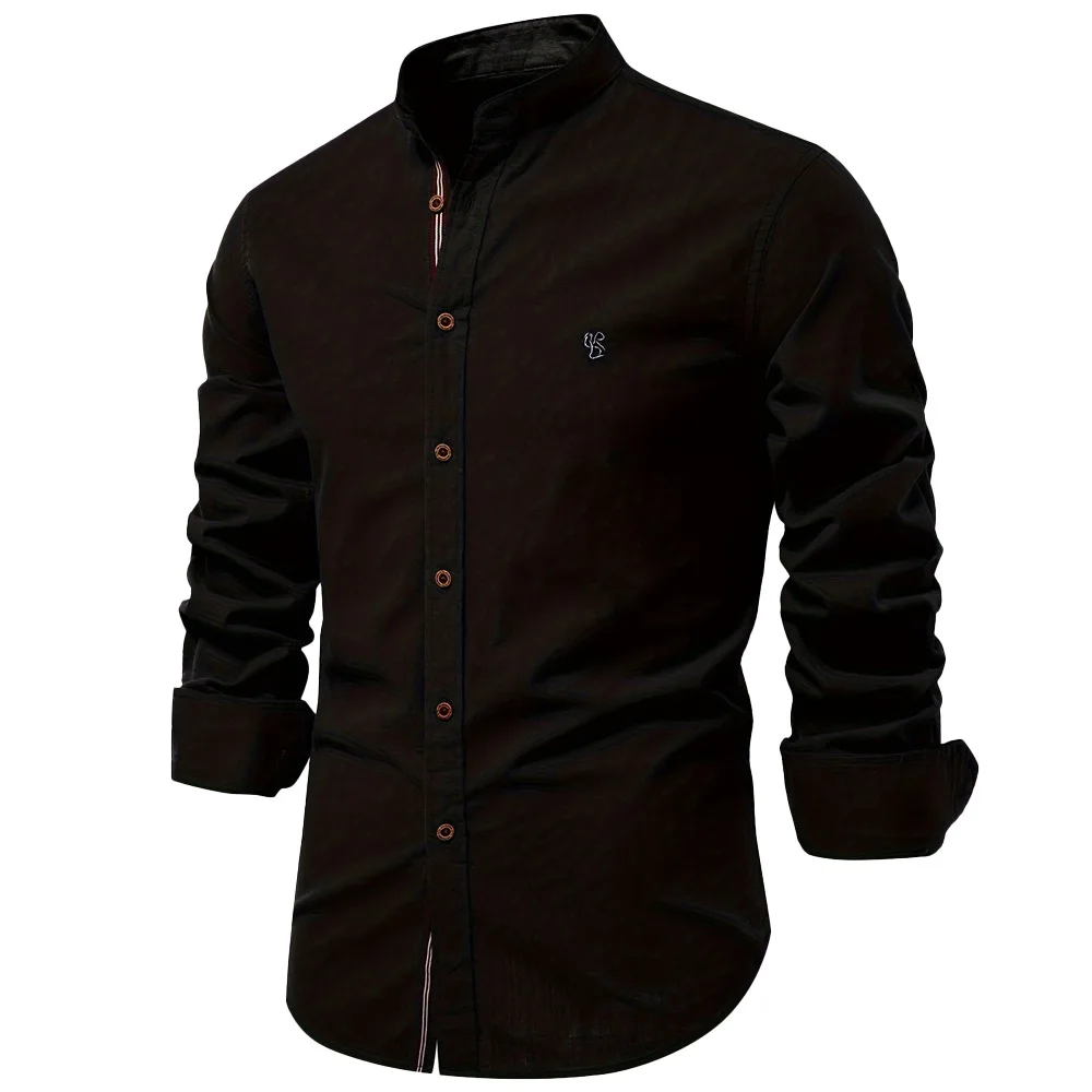 New Trendy Cotton-Linen Men's Business Shirt, Fashionable Solid Color Long-Sleeved Top.