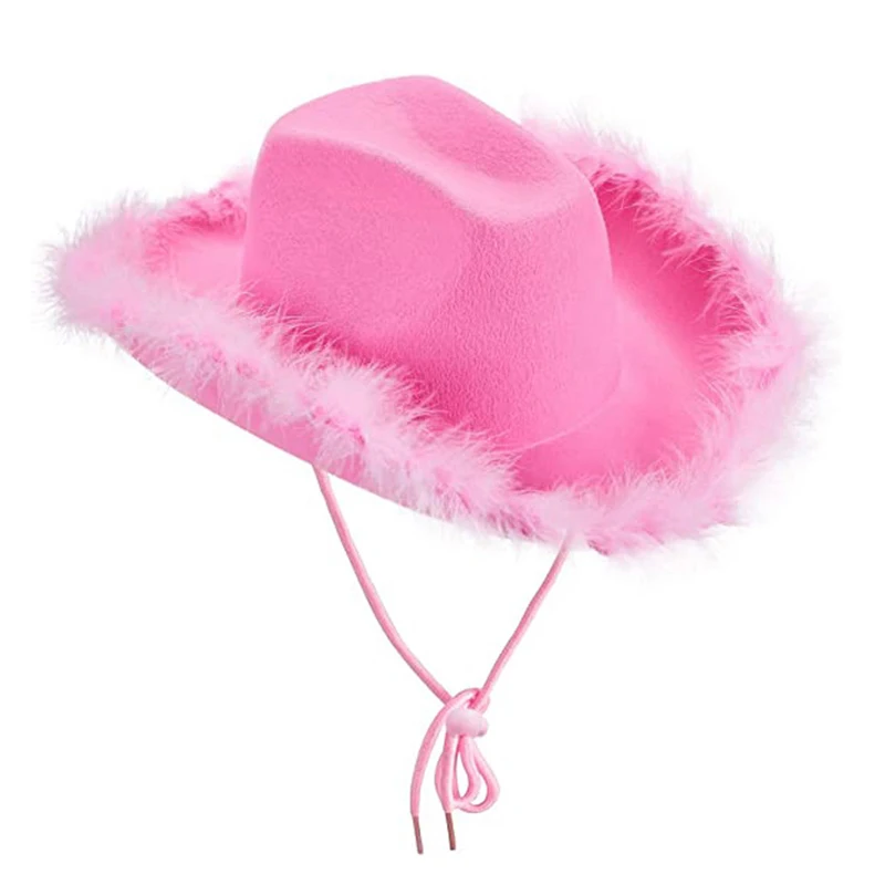 1Pc Gorgeous Fluffy Feather Brim Cowboy Hat Wide Brim Cowgirl Hat All-match For Mardi Gras Rave Play Dress Up