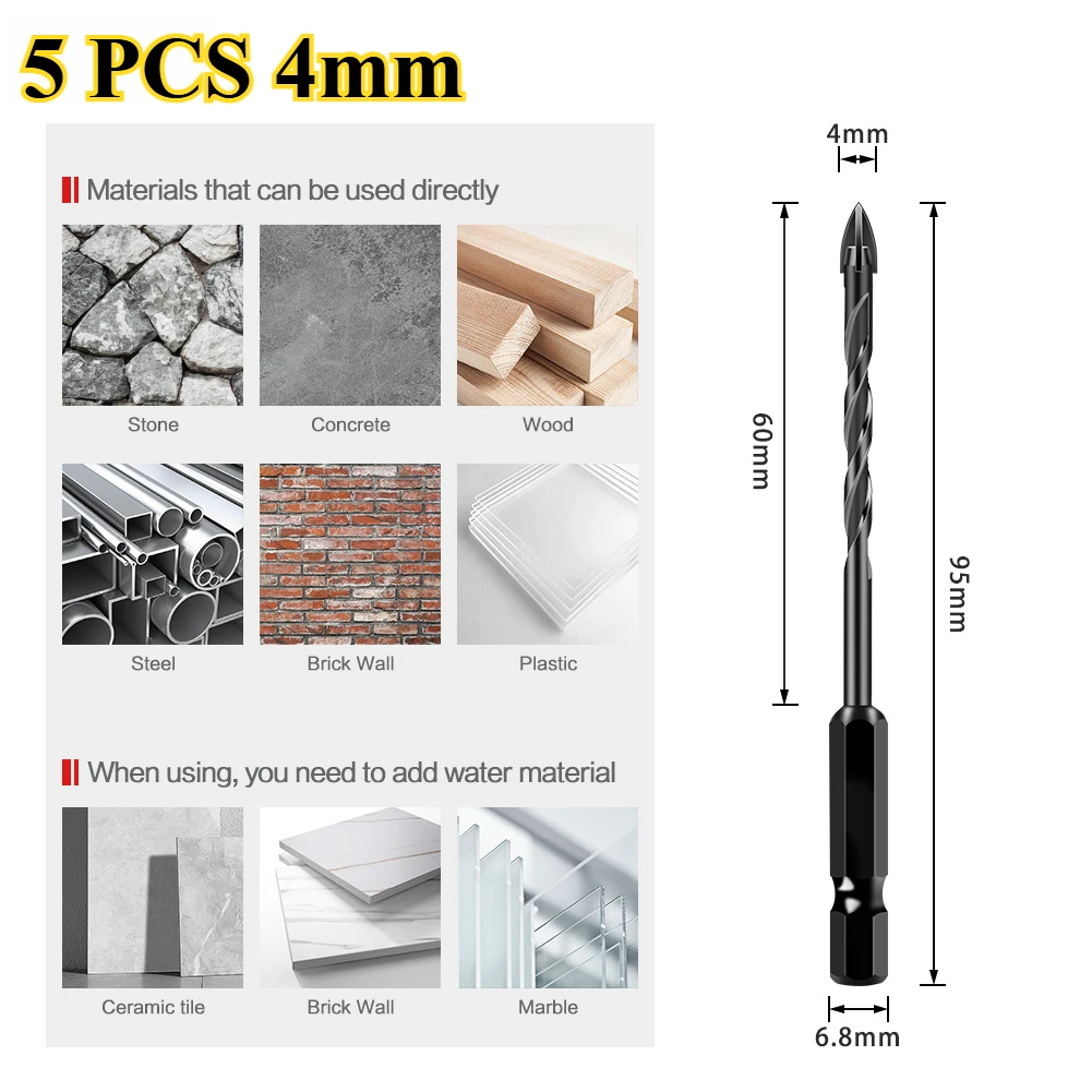 5 Pack Concrete Drill Bits Masonry Drill Bit Set, Tungsten Carbide Drill Bit Set For Tile/Ceramic/Glass/Brick Drilling Tools