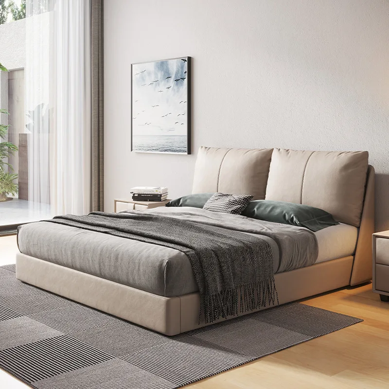 

Nordic, leather bed, double, modern, minimalist, master bedroom, top layer cowhide Internet celebrity