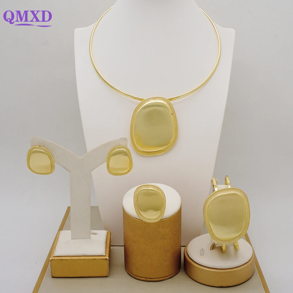 

High Quality African Gold Color Jewelry Set Delicate Pendant Necklace Earrings Ring Bracelet For Dubai Bridal Wedding Gifts